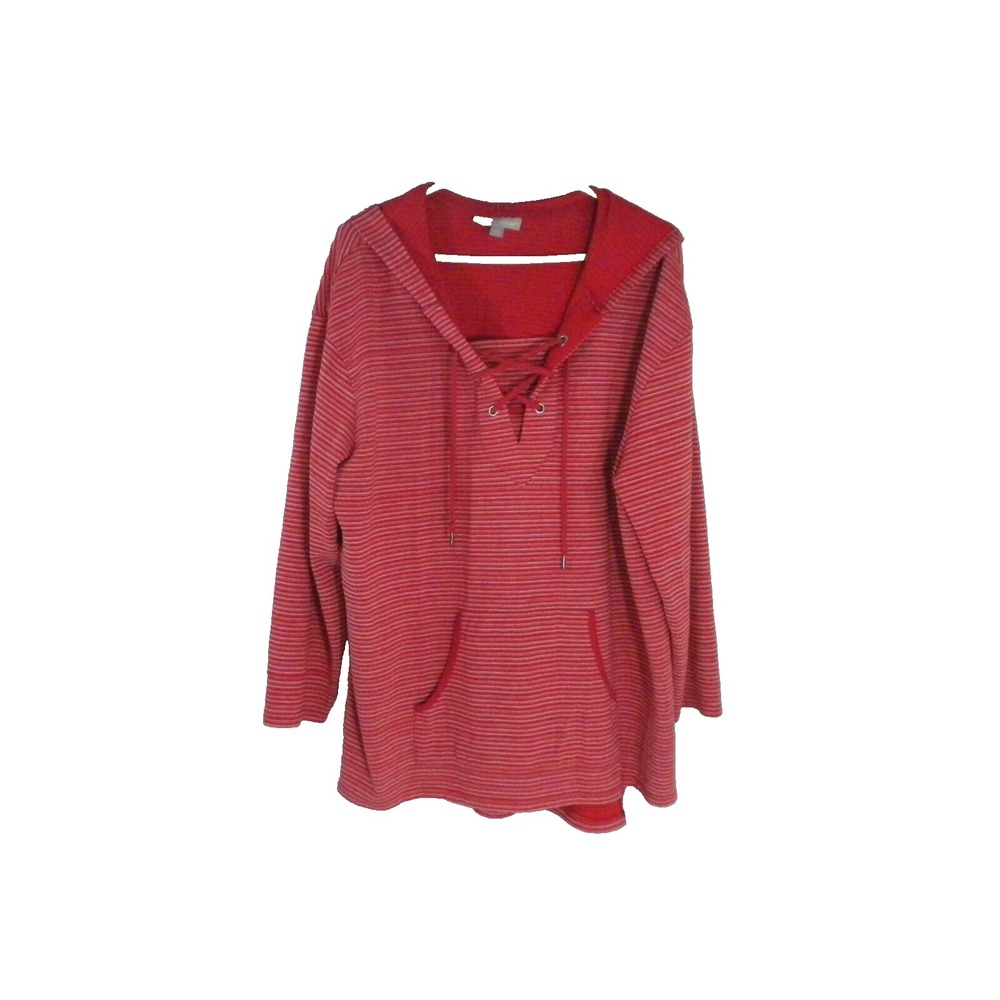 Woman Within Hoodie Womens 1X Red Striped Lace Up V Neck Pullover Beachy Bonfire